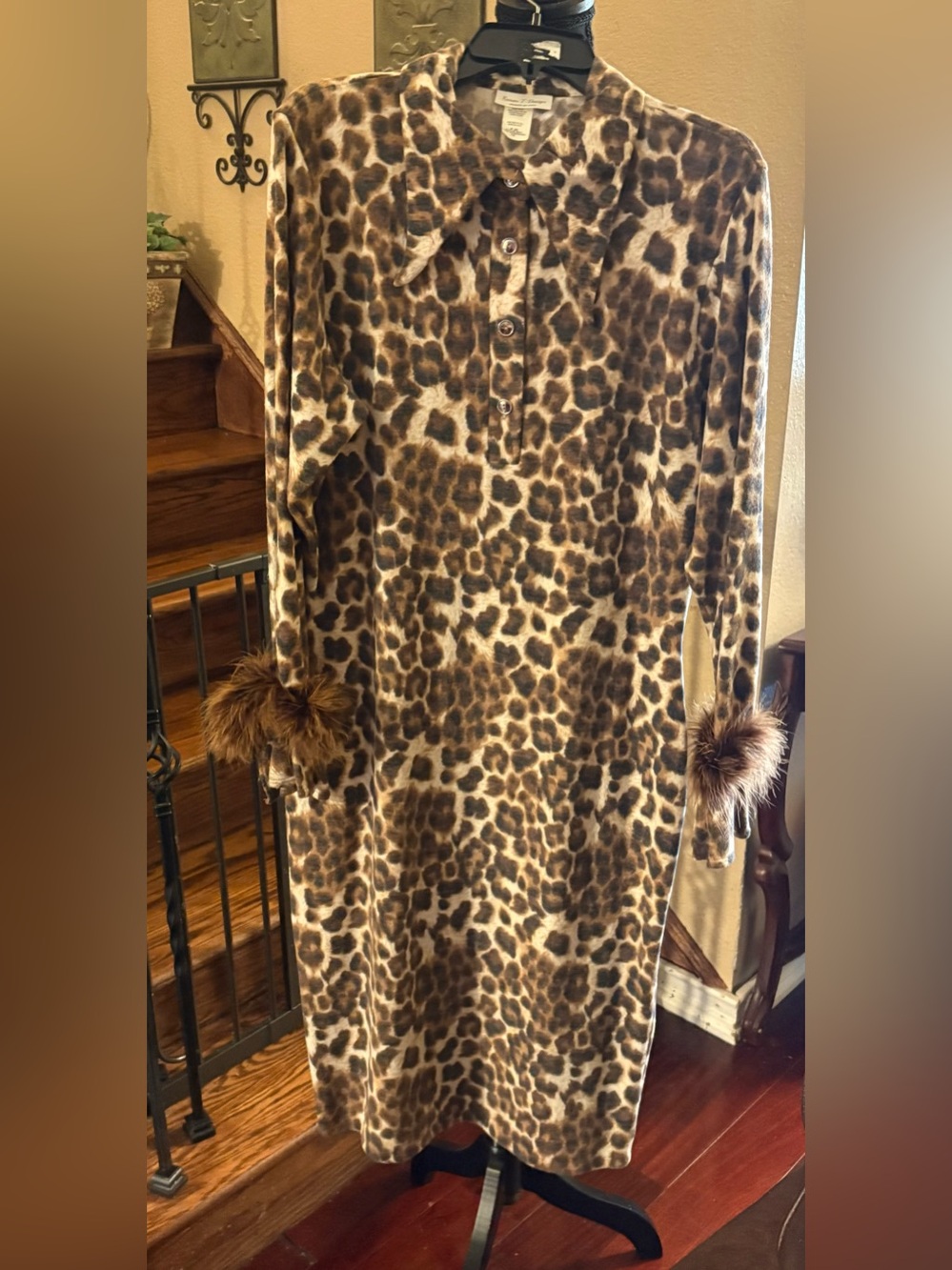 Leopard Print Faux Fur Cuff Long Sleeve Dress